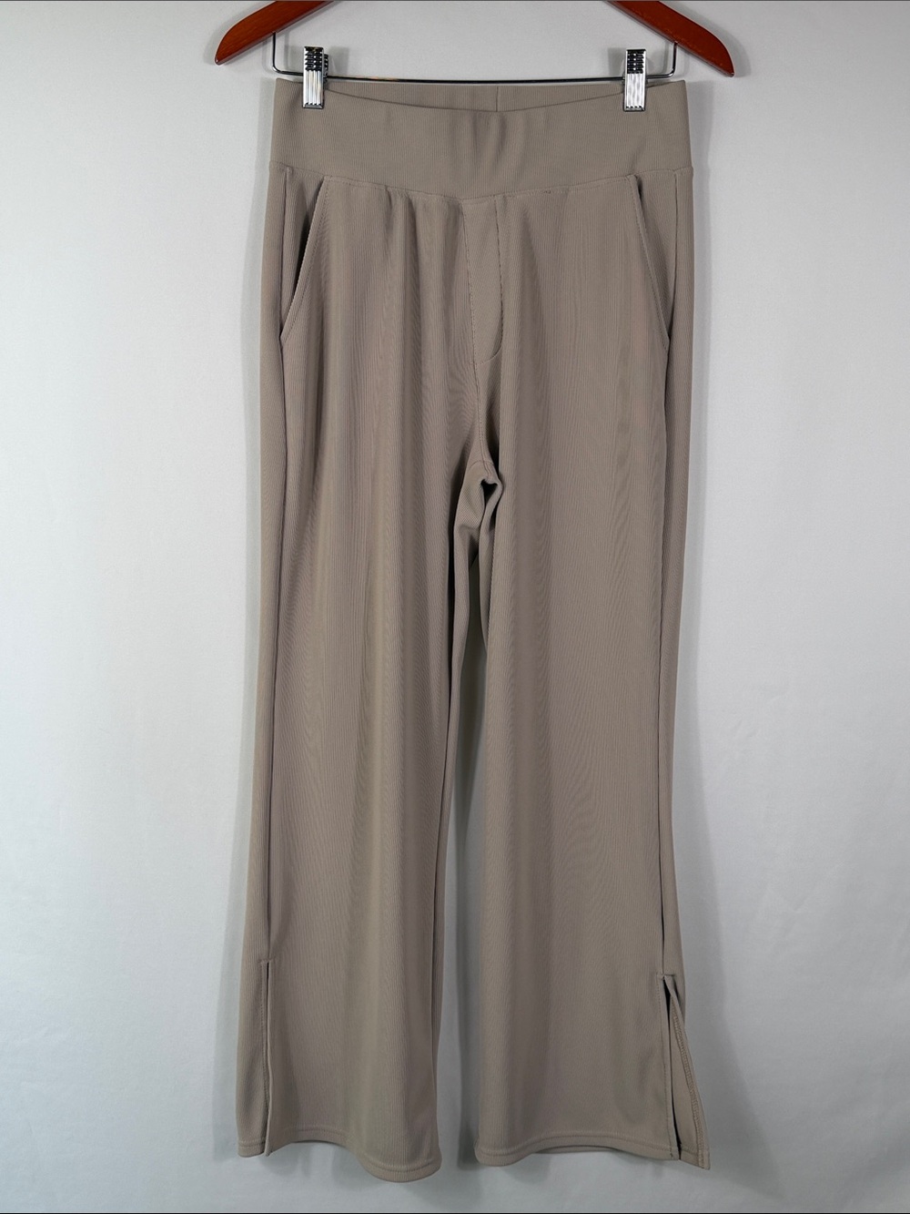 Move Theology Wide Leg Ribbed Lounge Pants Beige‎ Womens Pull-On Trousers Size L